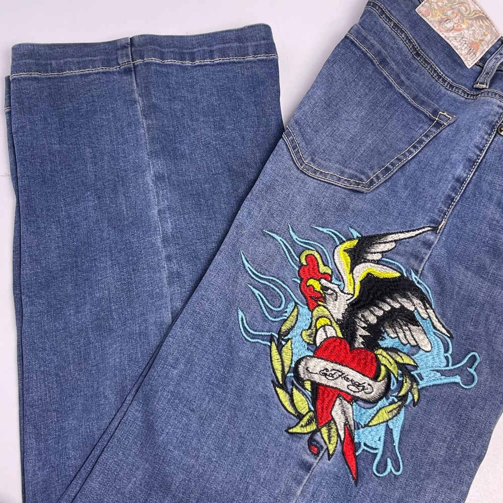 Ed Hardy Women's 24 Blue Jeans Wide Leg Eagle Heart Embroidery Y2K Relaxed